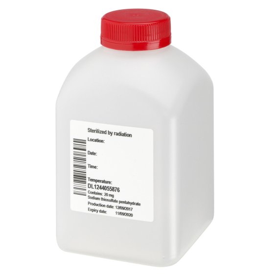 Bottle, 500 ml, transparent, PE, 38 mm, liner, 20 boxes/pallet, GS, contains 20 mg Thio