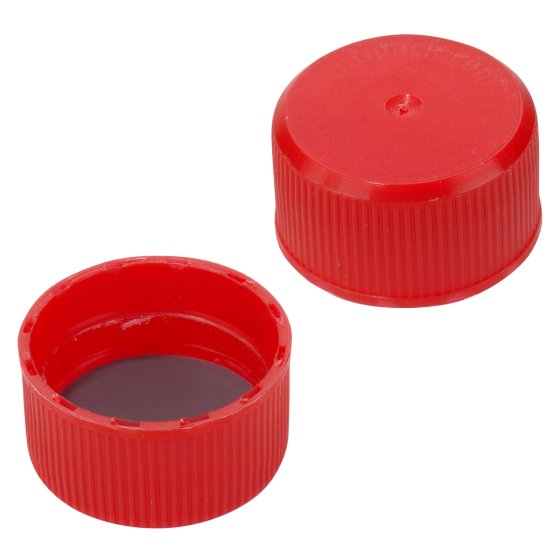 Cap, screw, liner, 28 mm, PTFE/EPE300, PP, red, 4500/box, for glass bottle