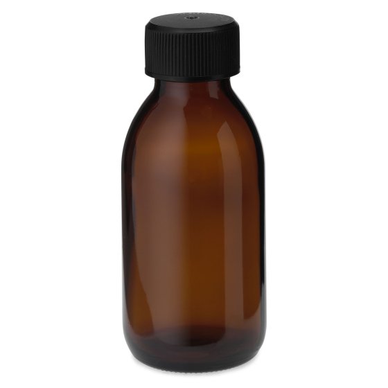 Flasche, 100 ml, braun, Glas, 28 mm, schwarz, Einlage, 140 Kartons/Palette