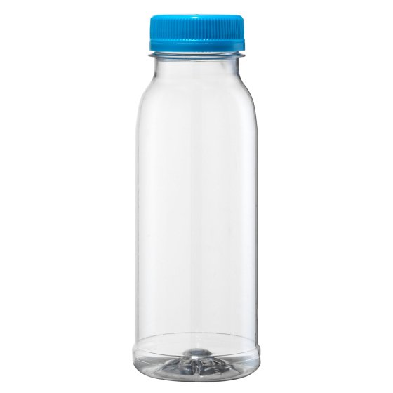 Flasche, 250 ml, klar, PET, 38 mm, hellblau, foam Einlage, 77 Kartons/Palette