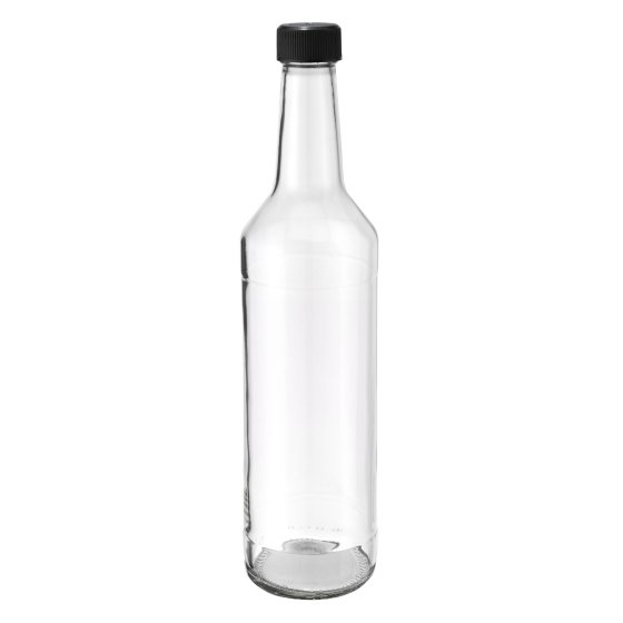 Flasche, 500 ml, klar, Glas, 28 mm, schwarz, Einlage, 70 Kartons/Palette