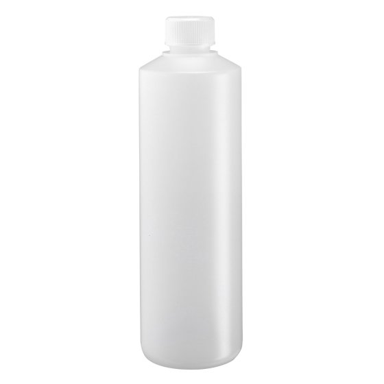 Flasche, 500 ml, transparent, polyethylene, 28 mm, weiß, Einlage, 135 Kartons/Palette