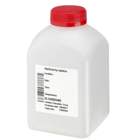 Monsterfles, 500 ml, transparant, PE, 38 mm, inlage, 20 dozen/pallet, GS, bevat 10 mg Thio