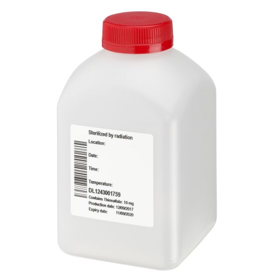 Monsterfles, 500 ml, transparant, PE, 38 mm, inlage, 20 dozen/pallet, GS/stuk, bevat 10 mg Thio