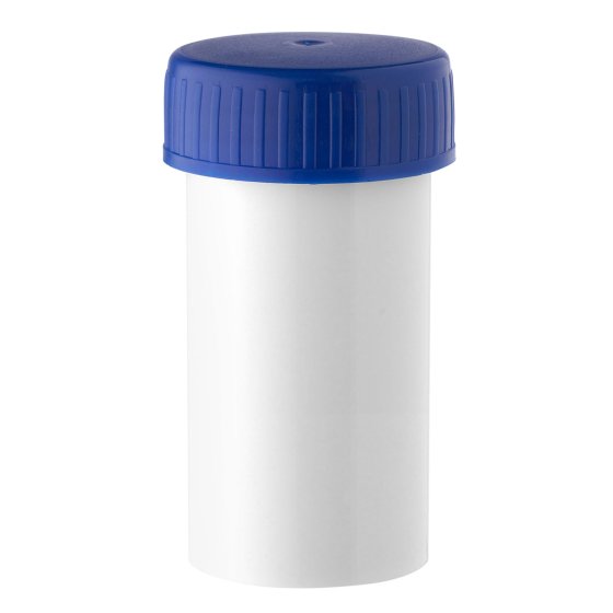 Sample container, specimen container, 60 ml, polypropylene, weiß, aseptic, Kappe blau, 600/Karton