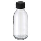 Bottle, 100 ml, clear, glass, 28 mm, black, liner, 140 boxes/pallet
