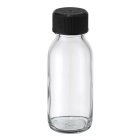 Flasche, 60 ml, klar, Glas, 28 mm, schwarz, Einlage, 132 Kartons/Palette